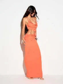 KIZN Ruched Cowl Neck Cut-Out Knot Detail Floor Length Maxi Dress Summer Evening Party Gown - Burnt Orange - View 5