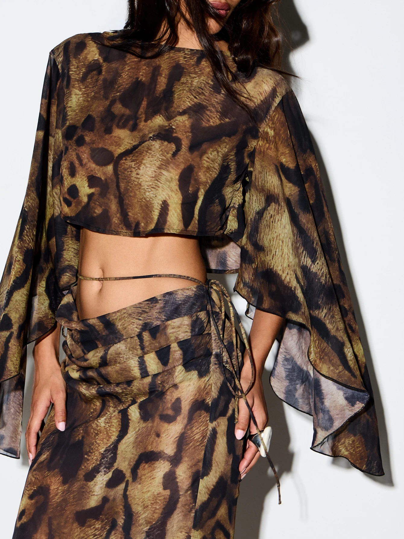 KIZN Leopard Print Chiffon Crop Top With Flare Sleeves