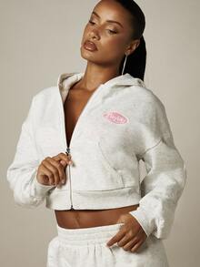 Missguided x Playboy Graphic Oversized Crop Full-Zip Hoodie With Logo Print Front And Back Casual Street Style - Light Grey - View 5