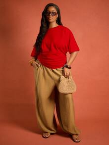 FASHION SZN 大码女士100%纯棉休闲圆领收腰T恤 白色宽松版型 夏季日常基本款 适合度假、机场旅行、城市短途旅行 时尚优雅 舒适 - 紅色 - 查看 6