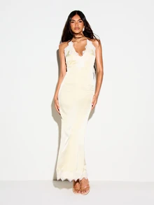 KIZN Lace Trim Satin Maxi Slip Dress With Deep V-Neck And Side Slit For Elegant Evening And Bridal Occasions - Yellow - View 5