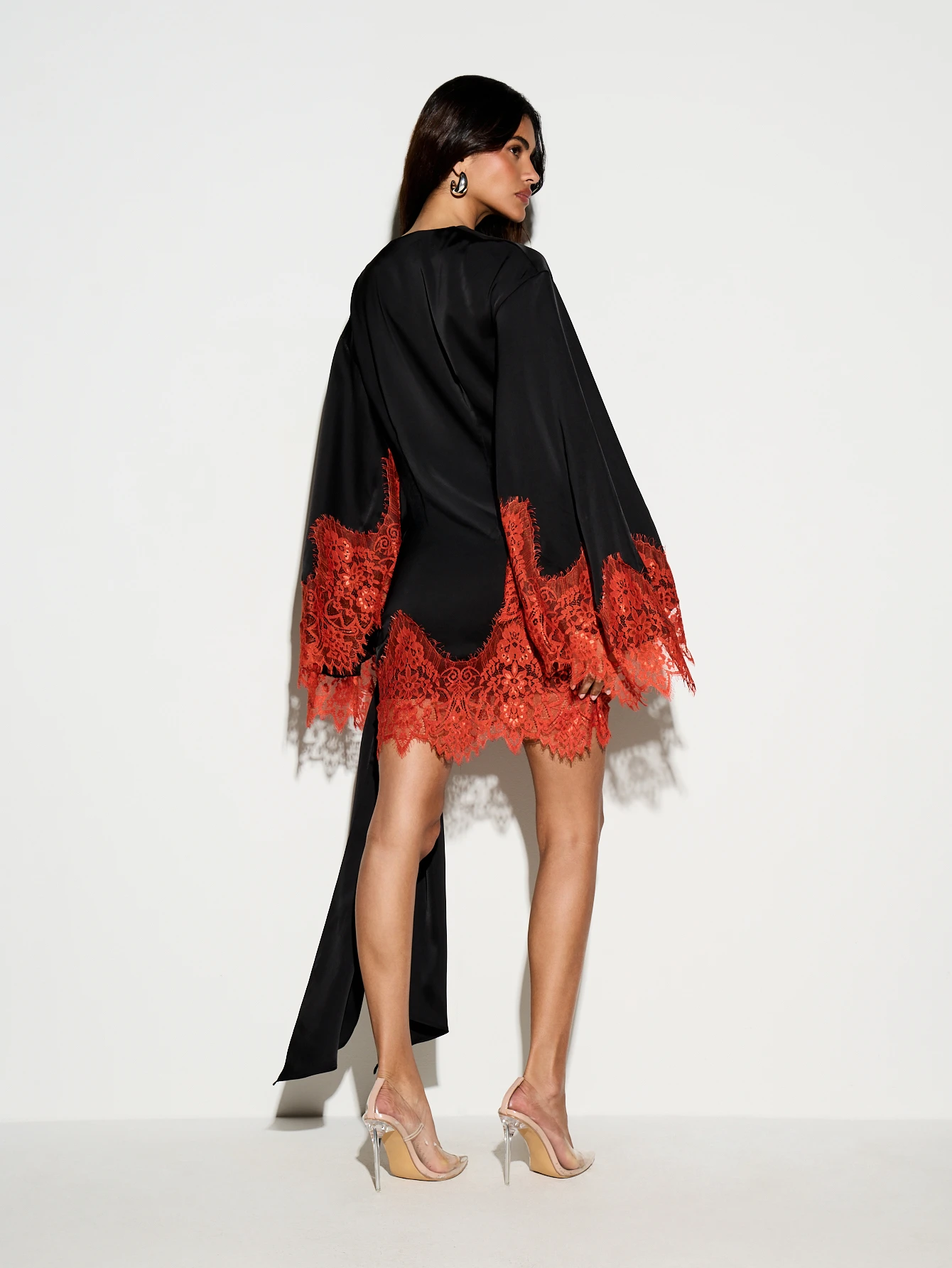 Satin Wrap Mini Dress With Lace Trim Sleeves