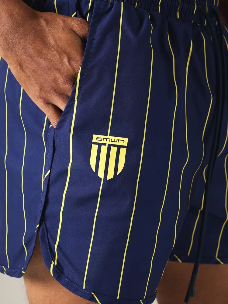 Striped Swim Shorts With Elastic Waistband And Drawstring, Summer Beach Vacation Holiday Essential