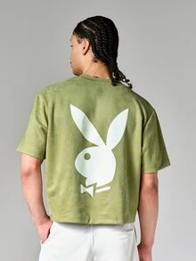 PLAYBOY X SUMWON Essentials Cropped Graphic Tee With Bunny Logo Back Print And Script Detail Crew Neck Short Sleeve Summer Top - Green - View 1