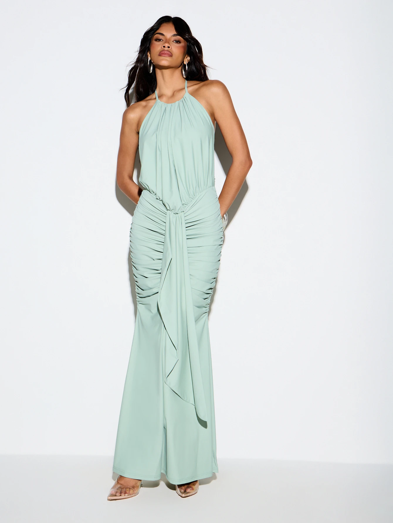 KIZN HALTER NECK RUCHED DIP FRONT DRAPE MAXI DRESS
