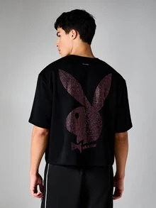PLAYBOY X SUMWON Bunny Graphic Oversized Crew Neck T-Shirt With Crystal Rhinestone Logo Detail Front And Back - Black - View 1