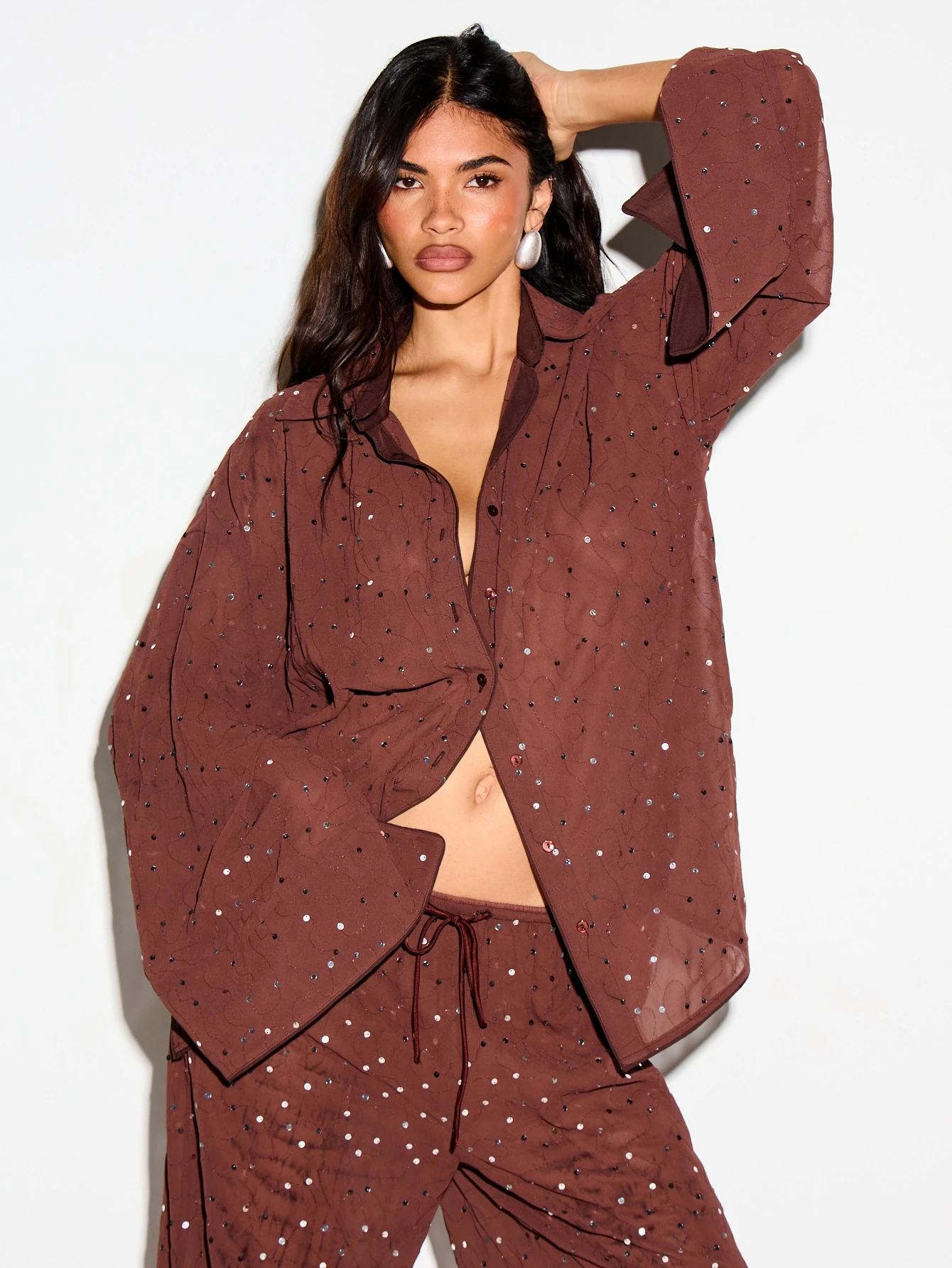 KIZN Sequin Chiffon Shirt With Bell Sleeves
