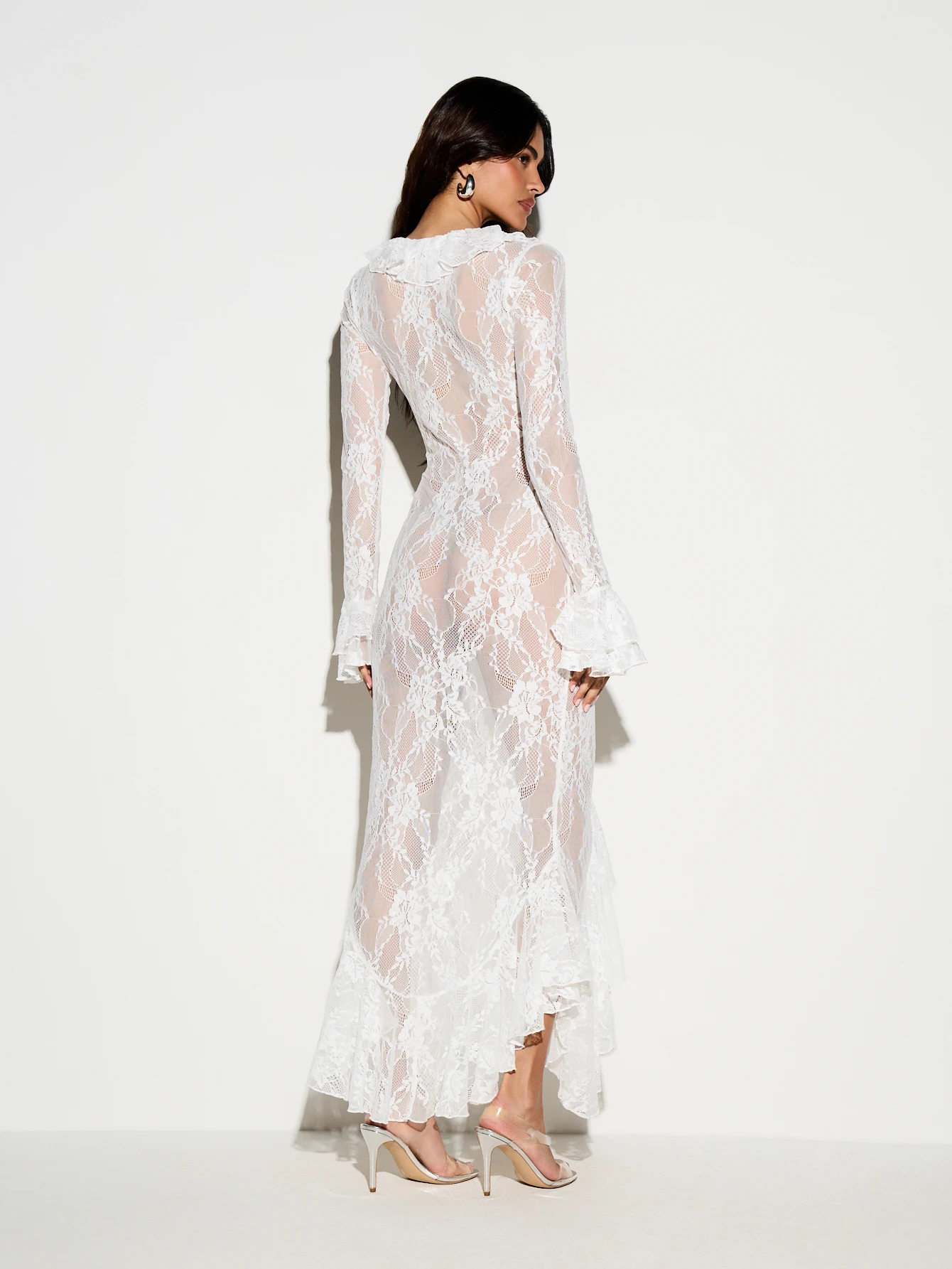 KIZN Lace Frill Plunge Maxi Dress With Bell Sleeves
