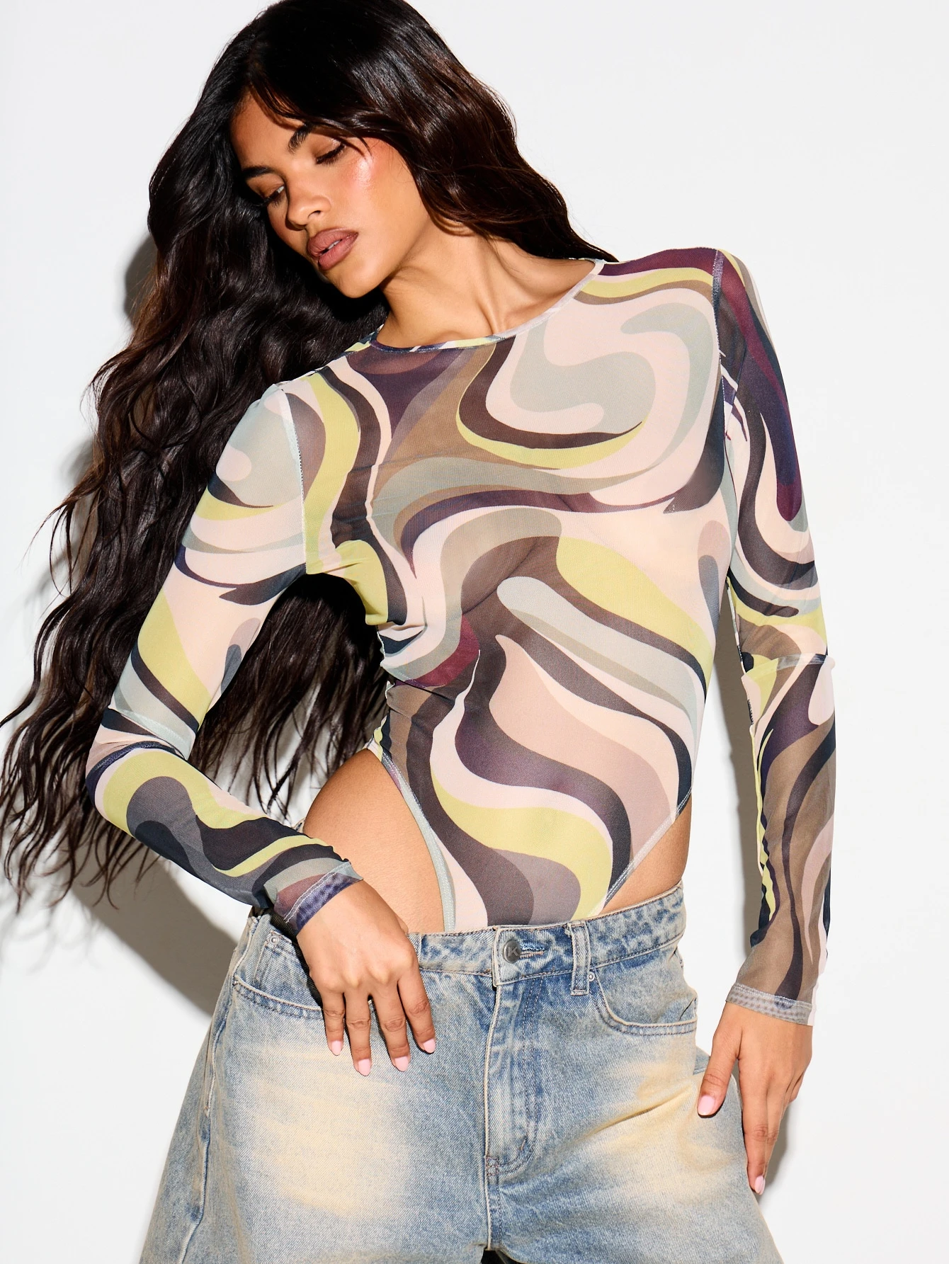 KIZN Long Sleeve Mesh Bodysuit With Swirl Print