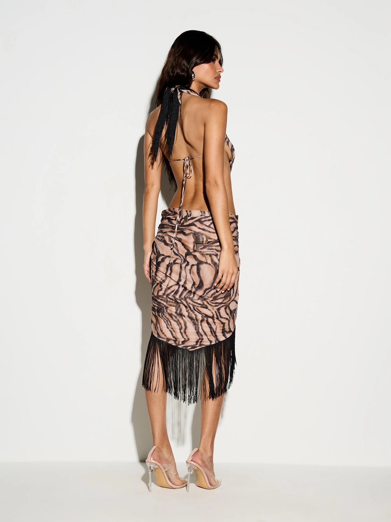 KIZN Tiger Print Fringe Halter Midi Dress With Cutout