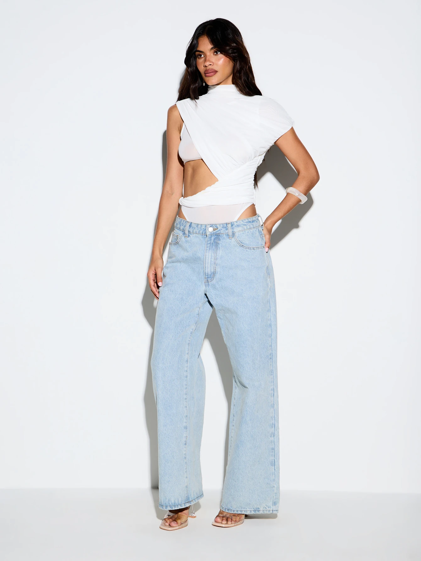KIZN Mock Neck Draped Bodysuit With Mesh Cutout