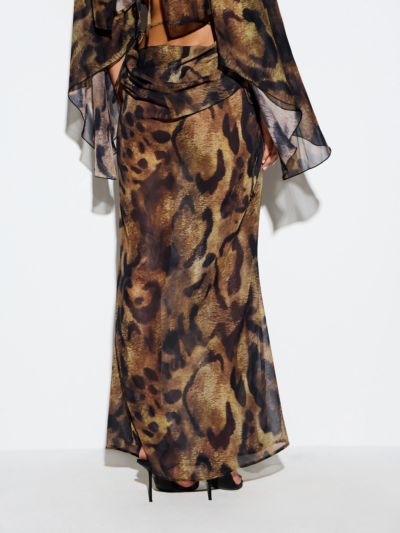 KIZN Chiffon Bias Cut Drape Maxi Skirt With Leopard Print