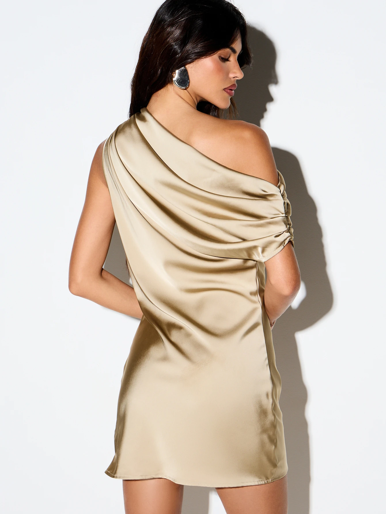 KIZN Satin Bias Cut Mini Dress With Drape Shoulder