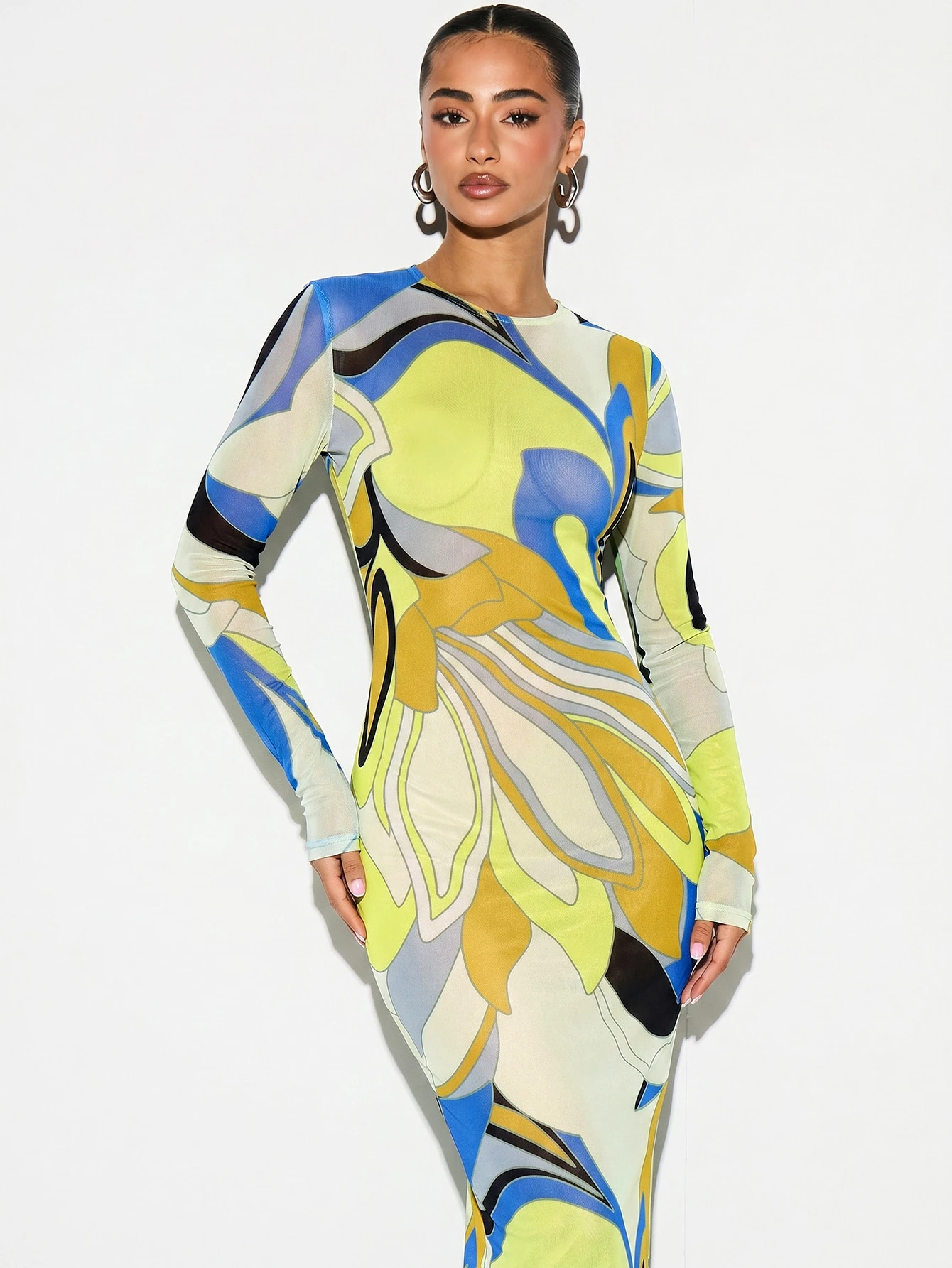 KIZN Printed Mesh Sheer Maxi Dress With Long Sleeves