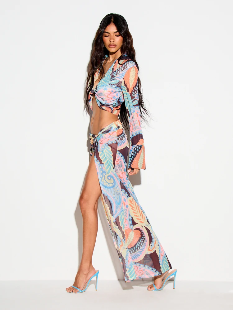 KIZN Paisley Print Mesh Maxi Skirt With Twist Knot