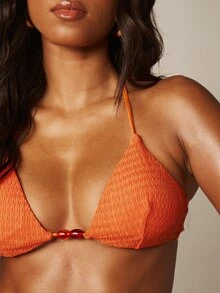 MISSGUIDED Smocked Triangle Bikini Set With Bead Detail, Halter Neck, High Cut Bottom, Summer Beach - Orange - View 3
