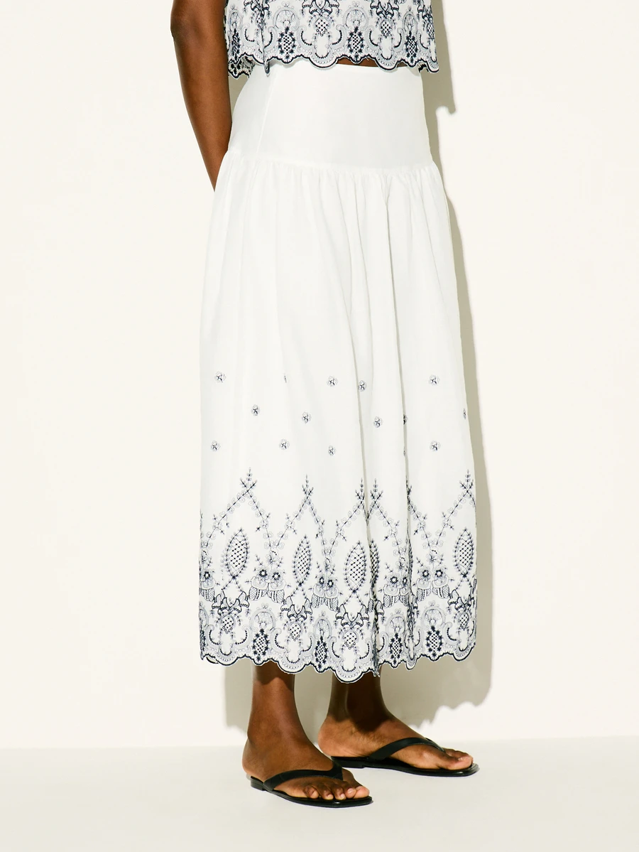 KSTM Midi Eyelet Embroidered Skirt With Scalloped Hem Border Floral Detail Summer Holiday Brunch Tea Party Blue And White Flower Elegant Hot - Multicolor - View 1