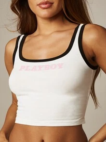 Missguided x Playboy Logo Cami Crop Top And Boxer Short Lounge Set Contrast Trim Scoop Neck Sleeveless Co-Ord Set - Multicolor - View 2