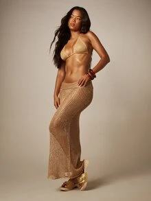 MISSGUIDED Chân váy maxi đan móc hở, thích hợp mặc đi biển, đi nghỉ hè, đính sequin, co giãn, ôm sát. - Vàng - Xem 6