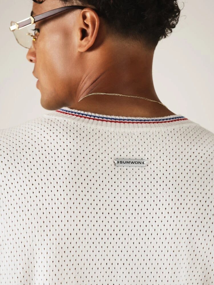 Boxy Fit Open Knit V-Neck Top With Number 07 Patch Detail And Striped Tipping