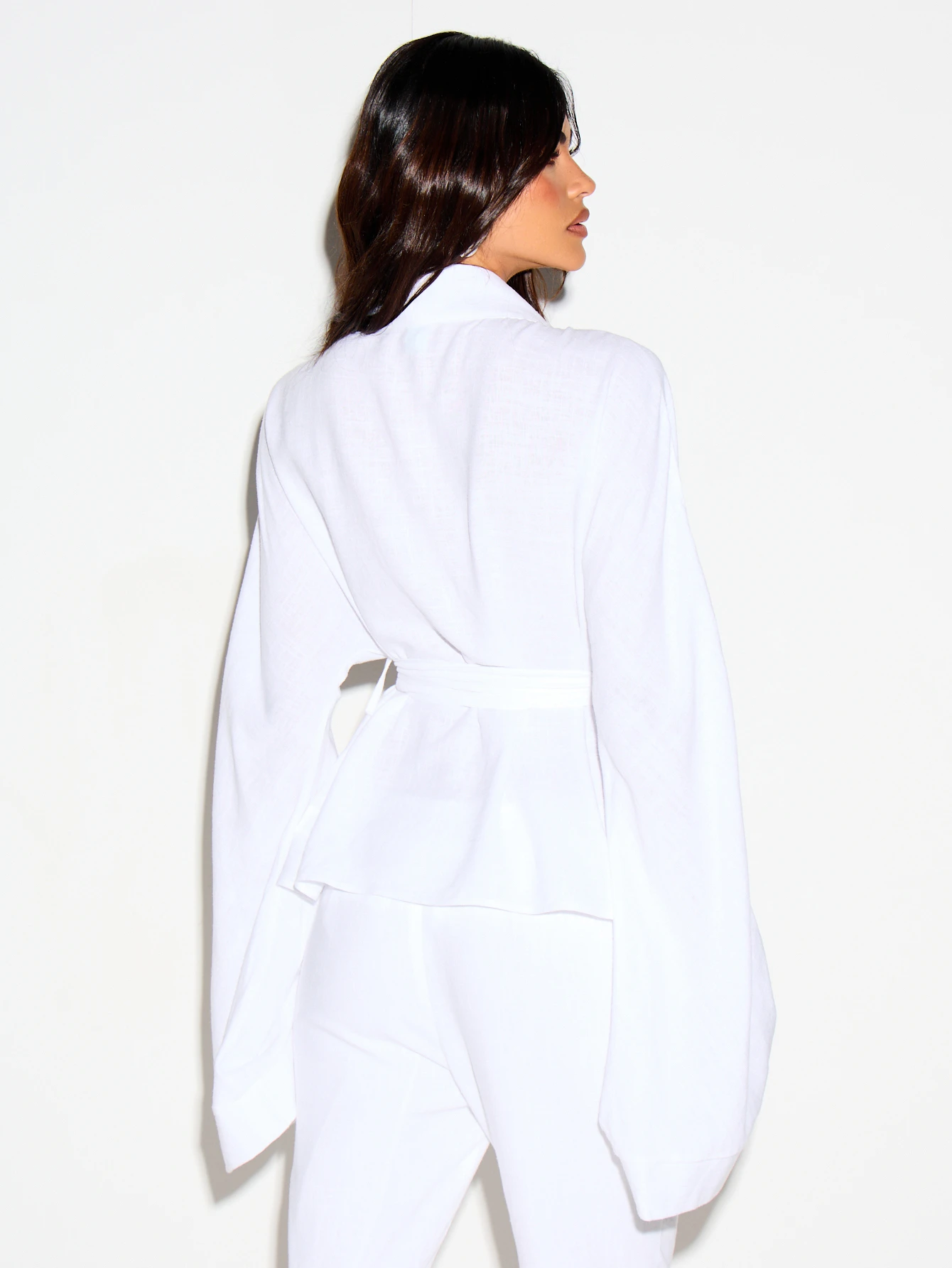 KIZN Linen Kimono Blouse With Belted Waist And Flared Sleeves