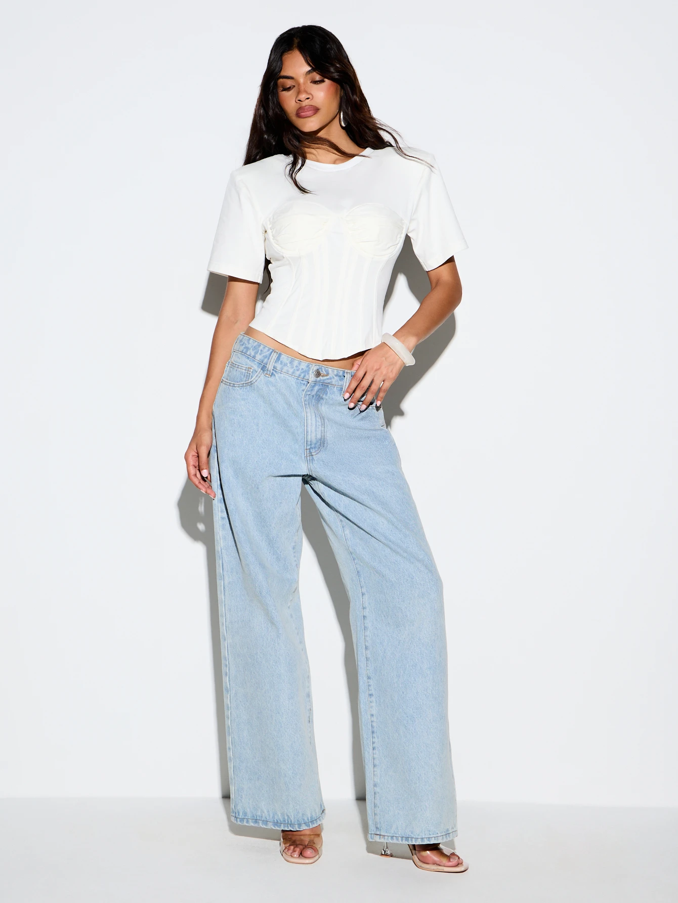 KIZN Crop T-Shirt With Shoulder Pads And Corset Detail