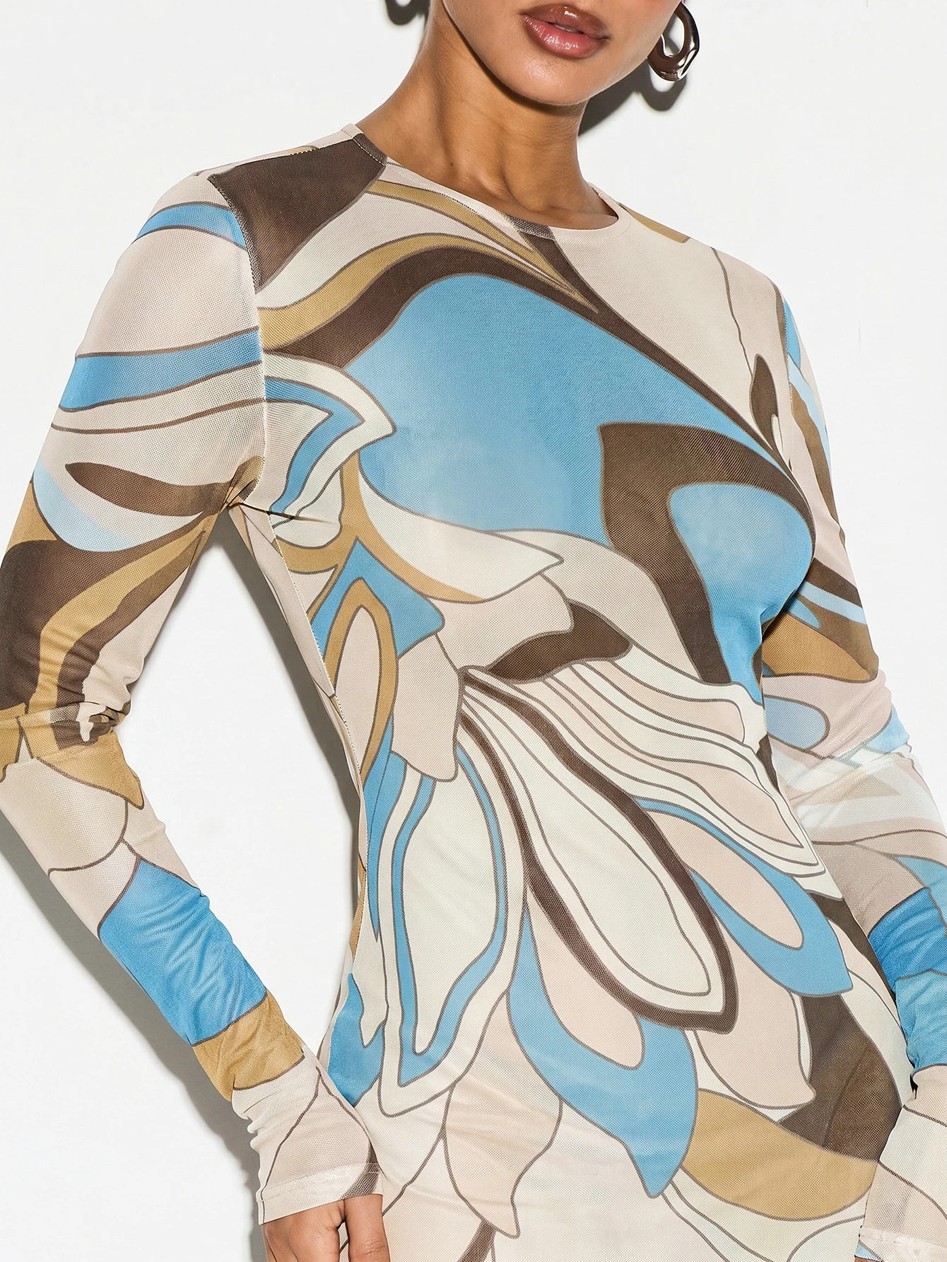 KIZN Printed Mesh Sheer Maxi Dress With Long Sleeves