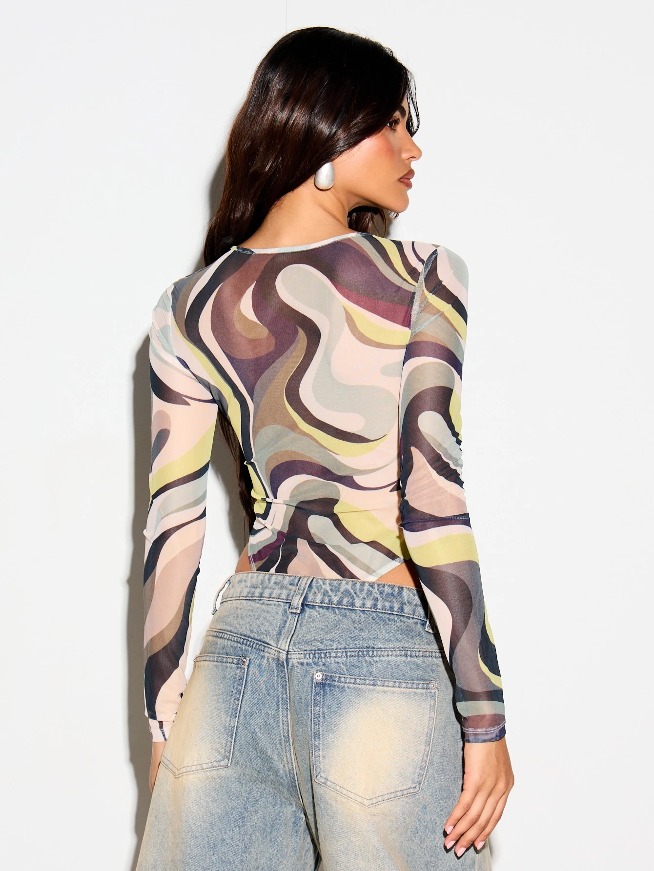 KIZN Long Sleeve Mesh Bodysuit With Swirl Print