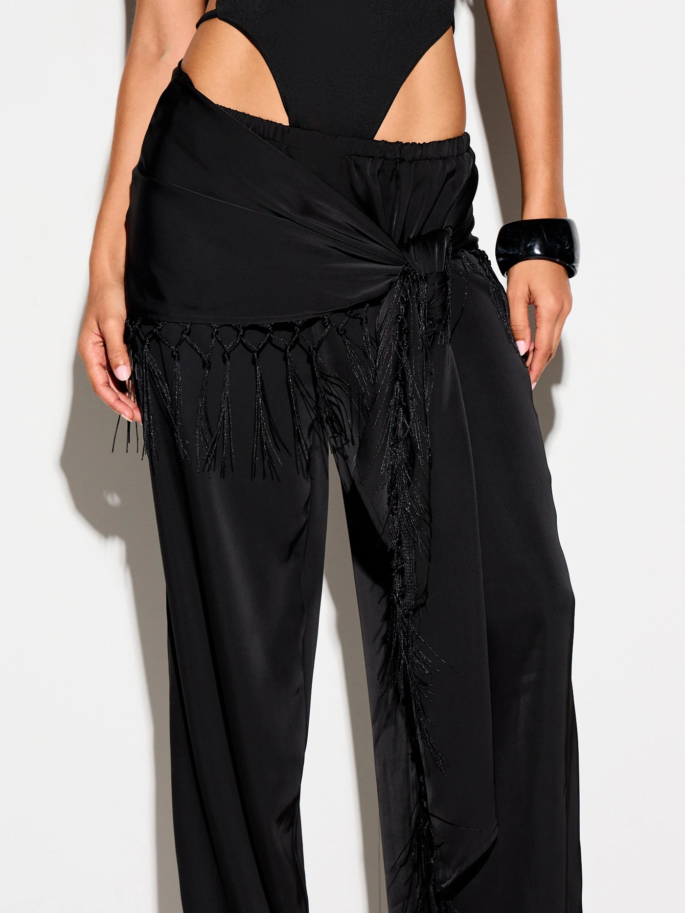 KIZN Satin Wide Leg Trousers With Fringe Scarf Detail