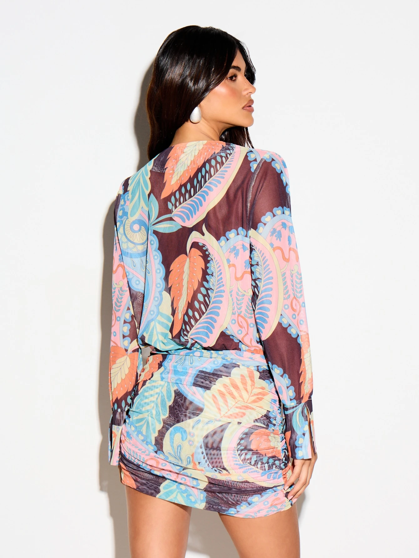 KIZN Floral Swirl Mesh Mini Dress With Ruched Hem