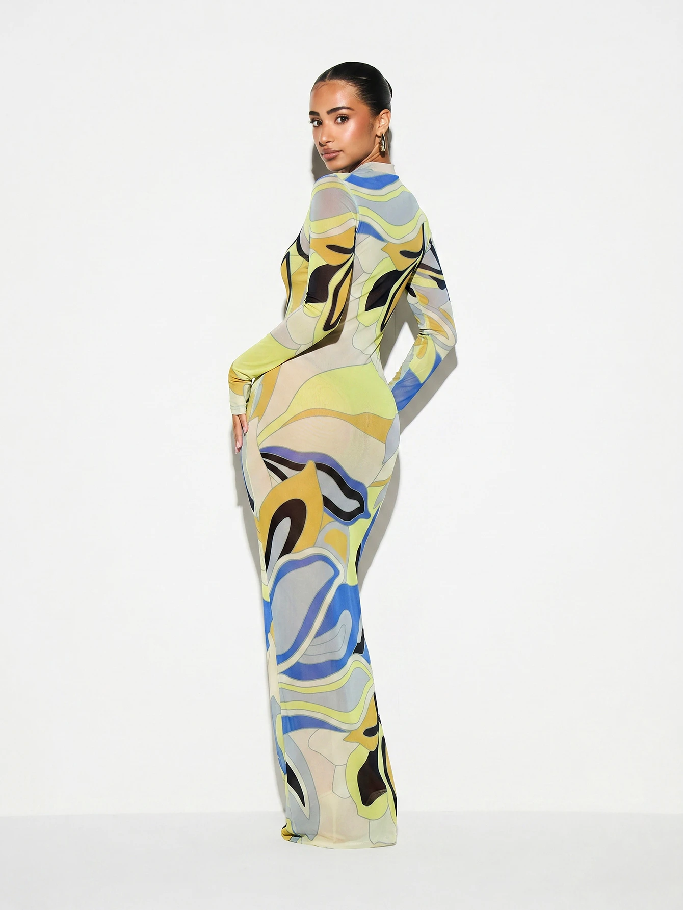 KIZN Printed Mesh Sheer Maxi Dress With Long Sleeves