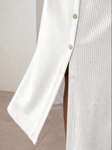 ELLERISSA Đầm midi dệt waffle trắng size lớn, cài nút trước - trắng - Xem 5