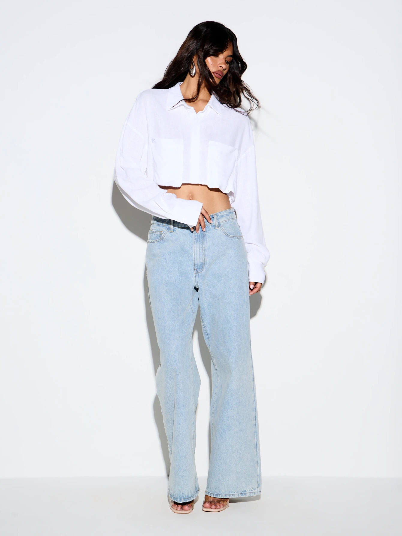 Cropped Linen Shirt With Chest Pocket And Point Collar