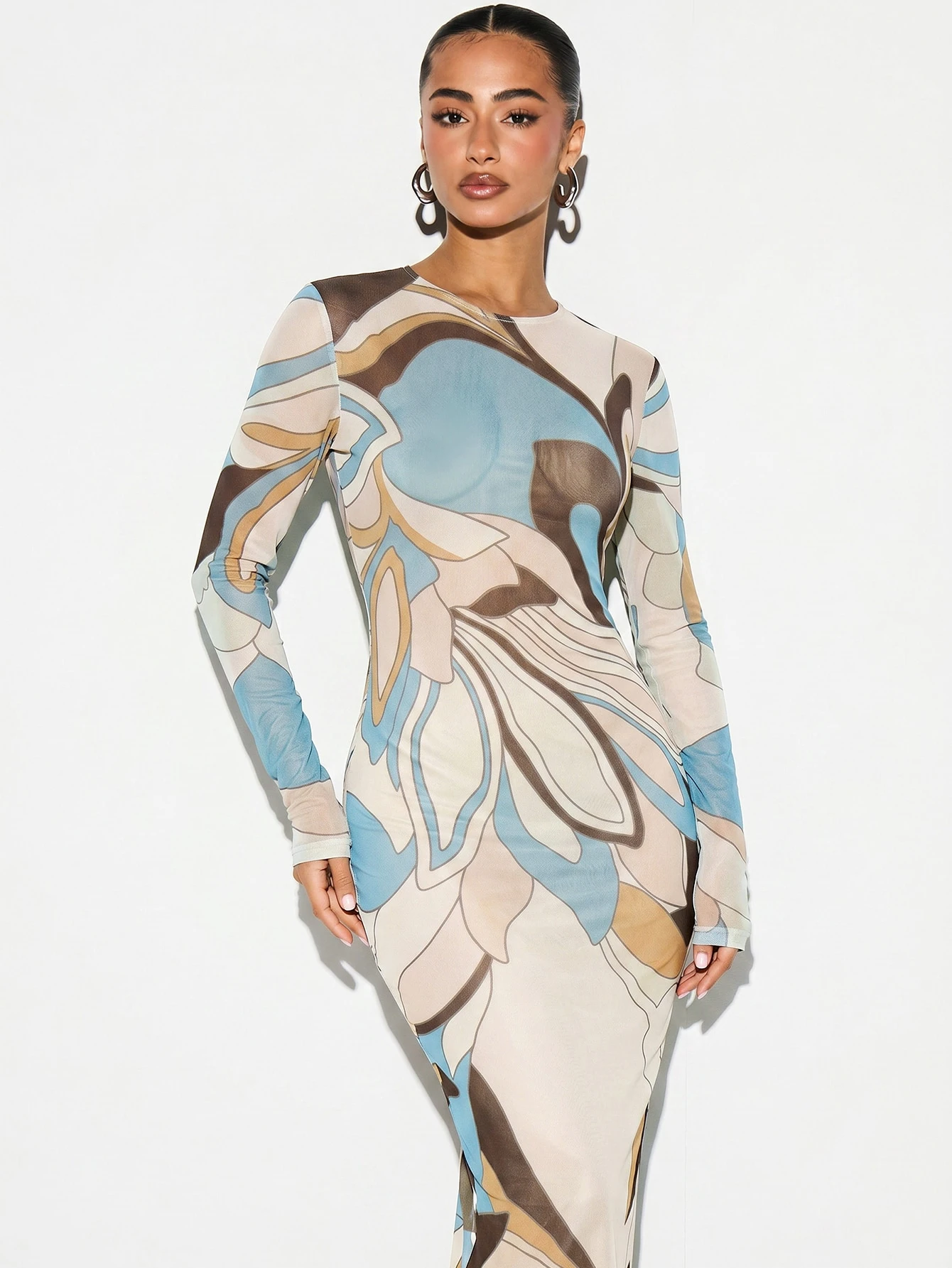 KIZN Printed Mesh Sheer Maxi Dress With Long Sleeves