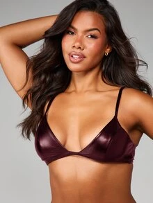 MISSGUIDED Metallic Faux Leather Triangle Bralette With Deep V-Neckline Adjustable Straps And Back Clasp - Burgundy - View 1