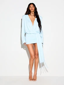 KIZN Deep V-Neck Shoulder Pad Mini Dress With Fringe Detail Long Sleeve Ruched Bodycon Wrap Style - Blue - View 1
