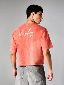 PLAYBOY X SUMWON Essentials Cropped Graphic Tee With Bunny Logo Script Back Print Acid Wash Short Sleeve Crewneck - Brown - View 1