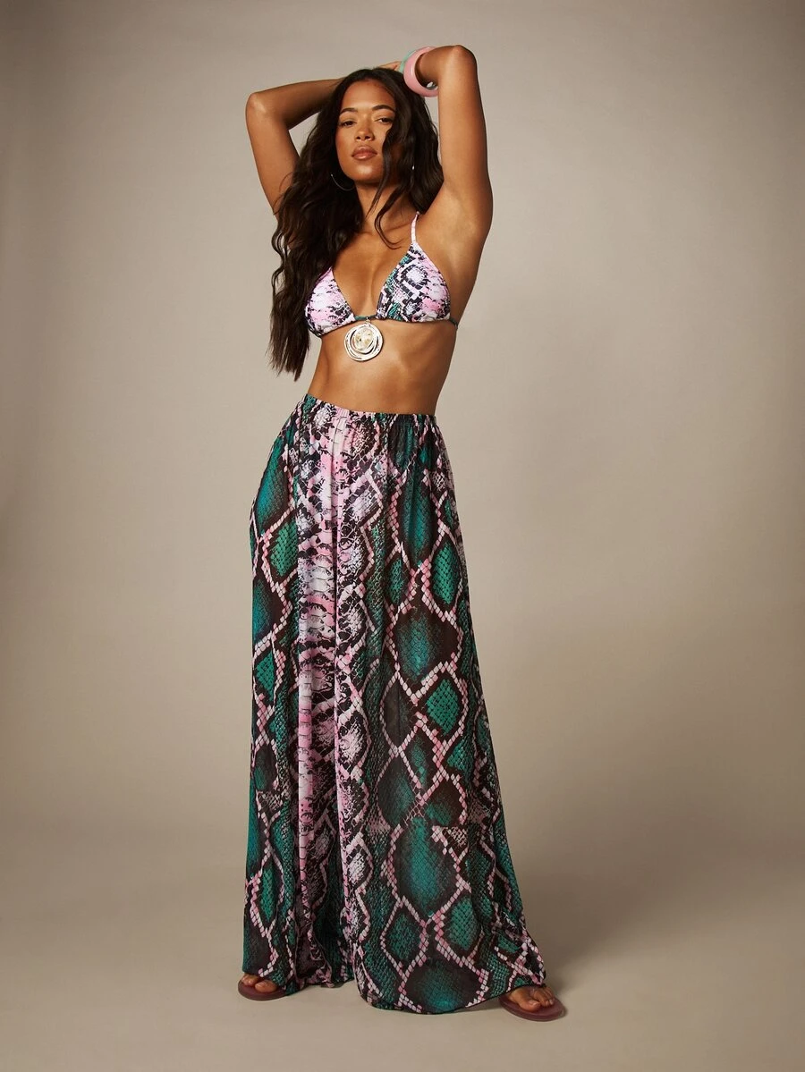 MISSGUIDED Snake Print Maxi Skirt Beach Cover Up With Elastic Waist Flowy Wide Leg Summer Vacation Beachwear - Multicolor - View 1