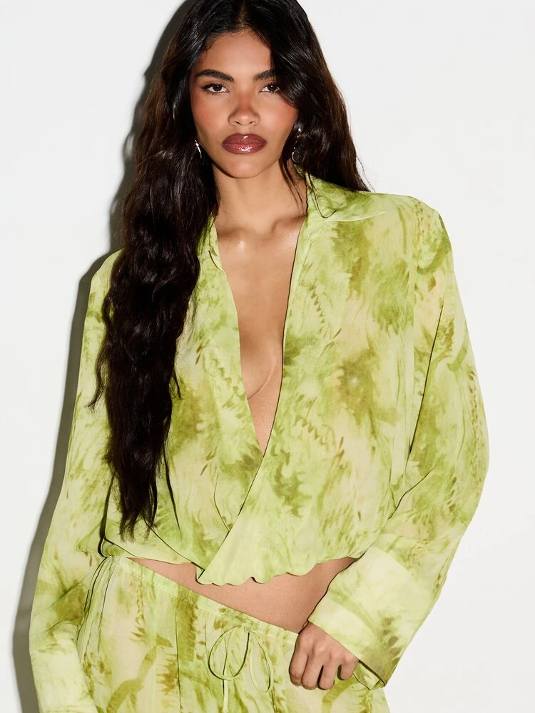 KIZN Abstract Printed Drape Plunge Crop Shirt With Bell Sleeves