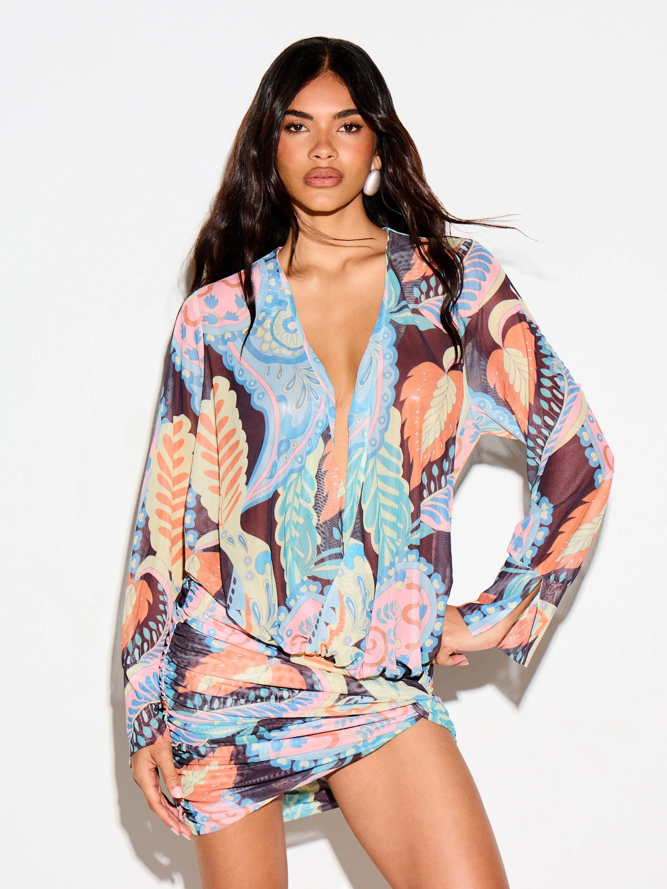KIZN Floral Swirl Mesh Mini Dress With Ruched Hem