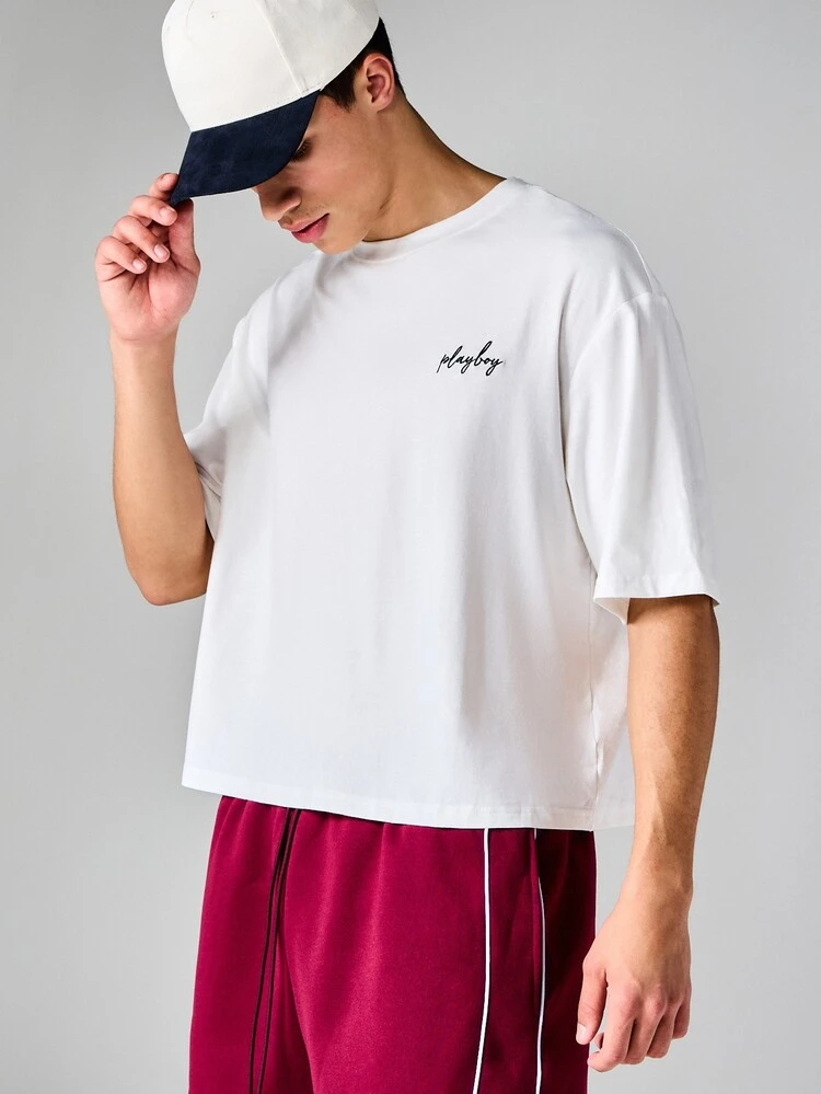 PLAYBOY X SUMWON Essentials Cropped Graphic Tee With Script Logo And Bunny Back Print Crew Neck Short Sleeve