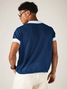 SUMWON Casual Knit Polo Shirt With Diamond Texture, Contrast Collar, Short Sleeves, Summer Vacation Style - Multicolor - View 2