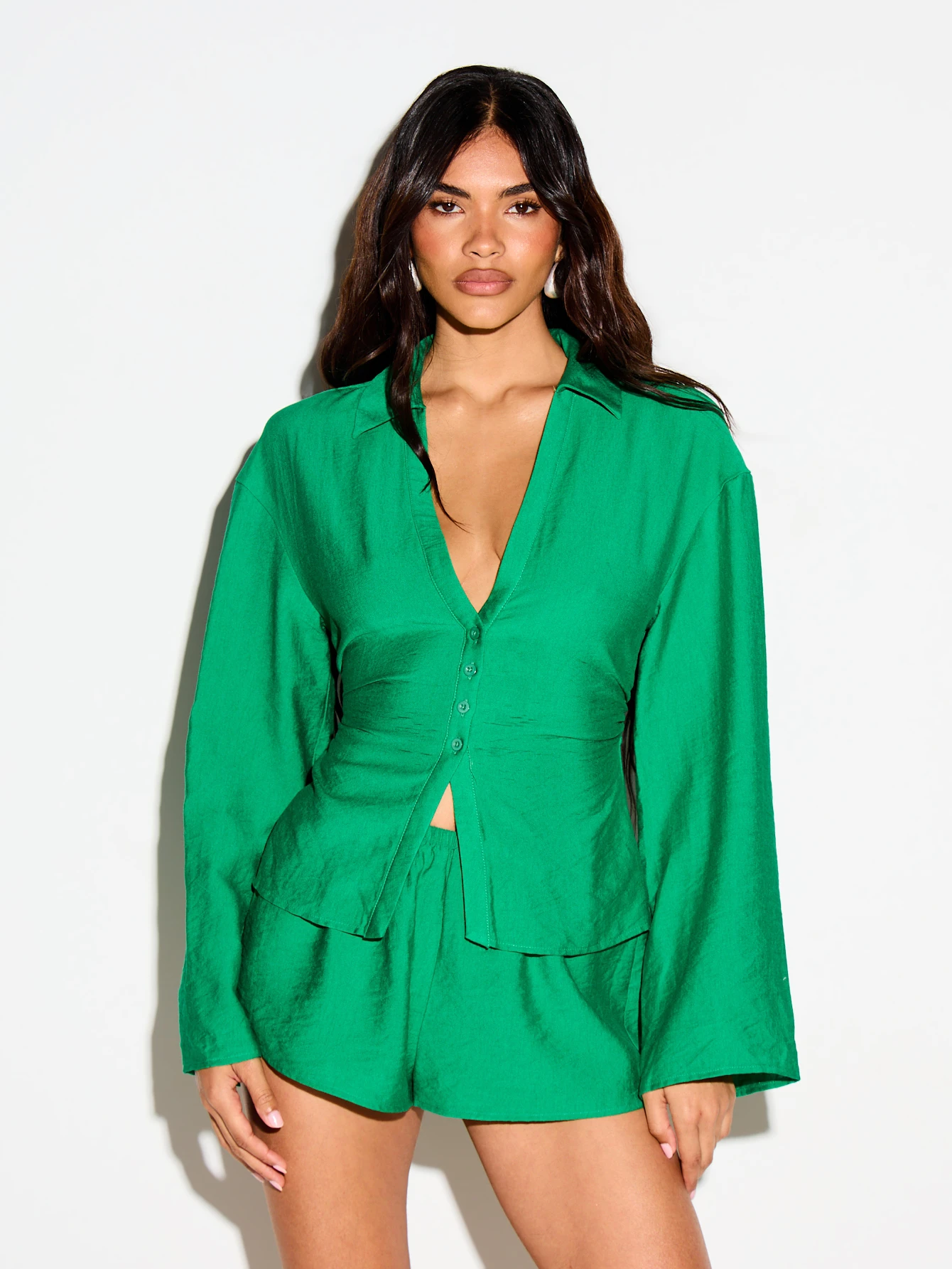 KIZN Wide Sleeve Shirt With Corset Button Detail