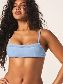 MISSGUIDED Áo ngực kiểu bralette chất liệu giả vải lanh với chi tiết ren hoa, cổ vuông, dây đeo có thể điều chỉnh, khóa cài. - Màu xanh lam - Xem 4