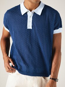 SUMWON Casual Knit Polo Shirt With Diamond Texture, Contrast Collar, Short Sleeves, Summer Vacation Style - Multicolor - View 5