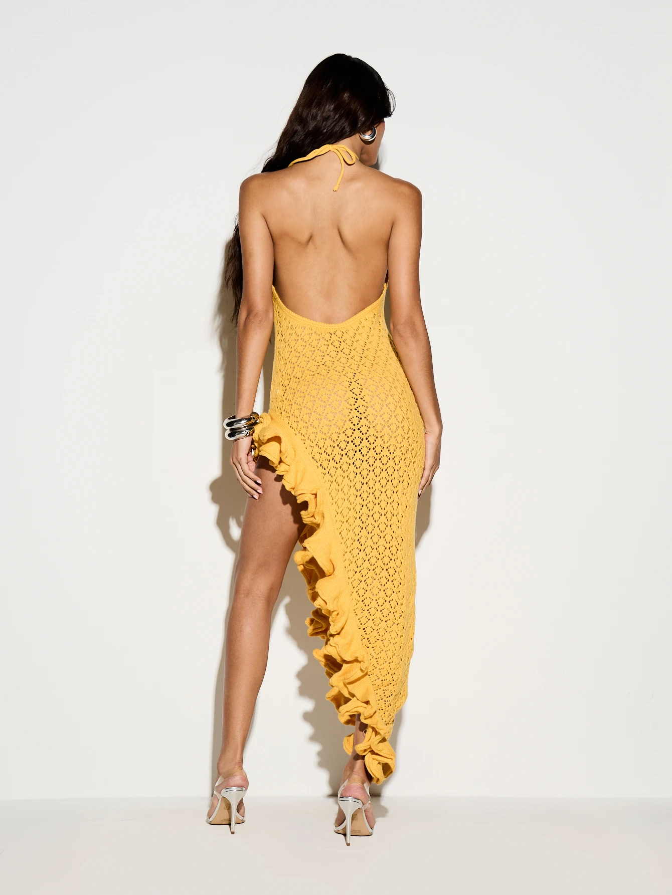 KIZN Crochet Halter Maxi Dress With Asymmetric Ruffle Hem