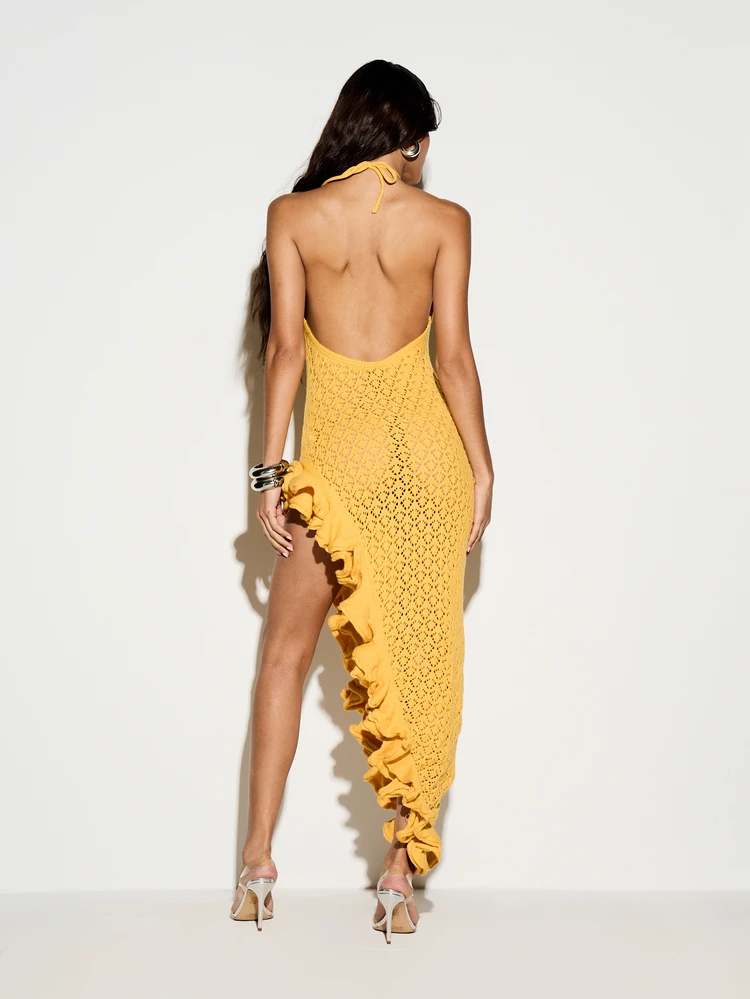 KIZN Crochet Halter Maxi Dress With Asymmetric Ruffle Hem