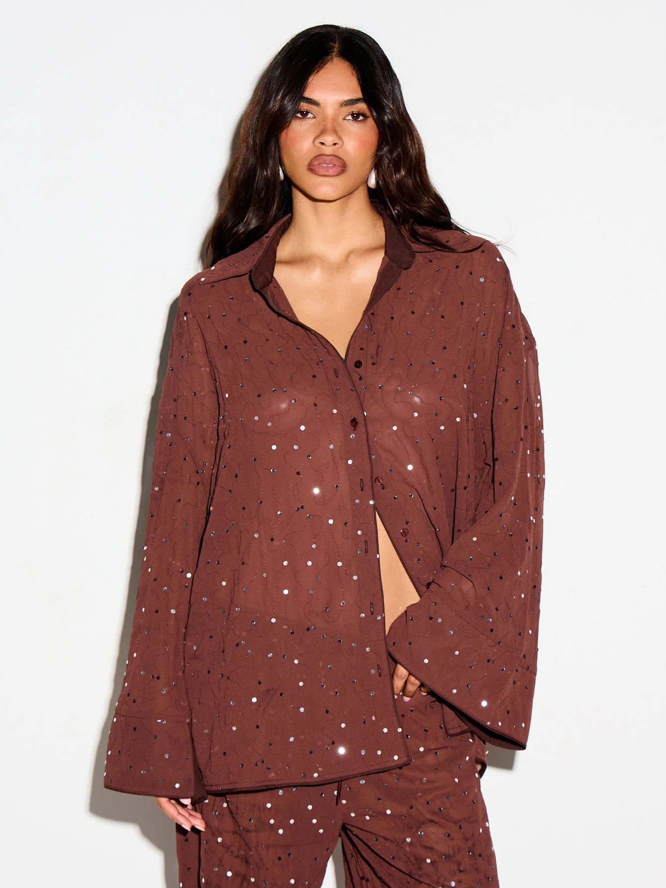 KIZN Sequin Chiffon Shirt With Bell Sleeves