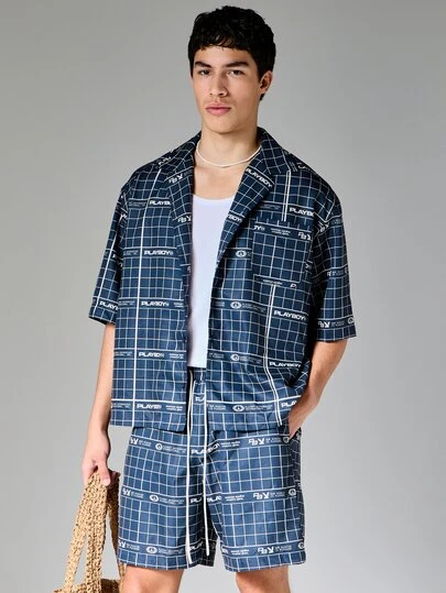 PLAYBOY X SUMWON Grid Print Short Sleeve Co-Ord Shirt And Shorts Matching Set Summer Beach Vacation Outfit