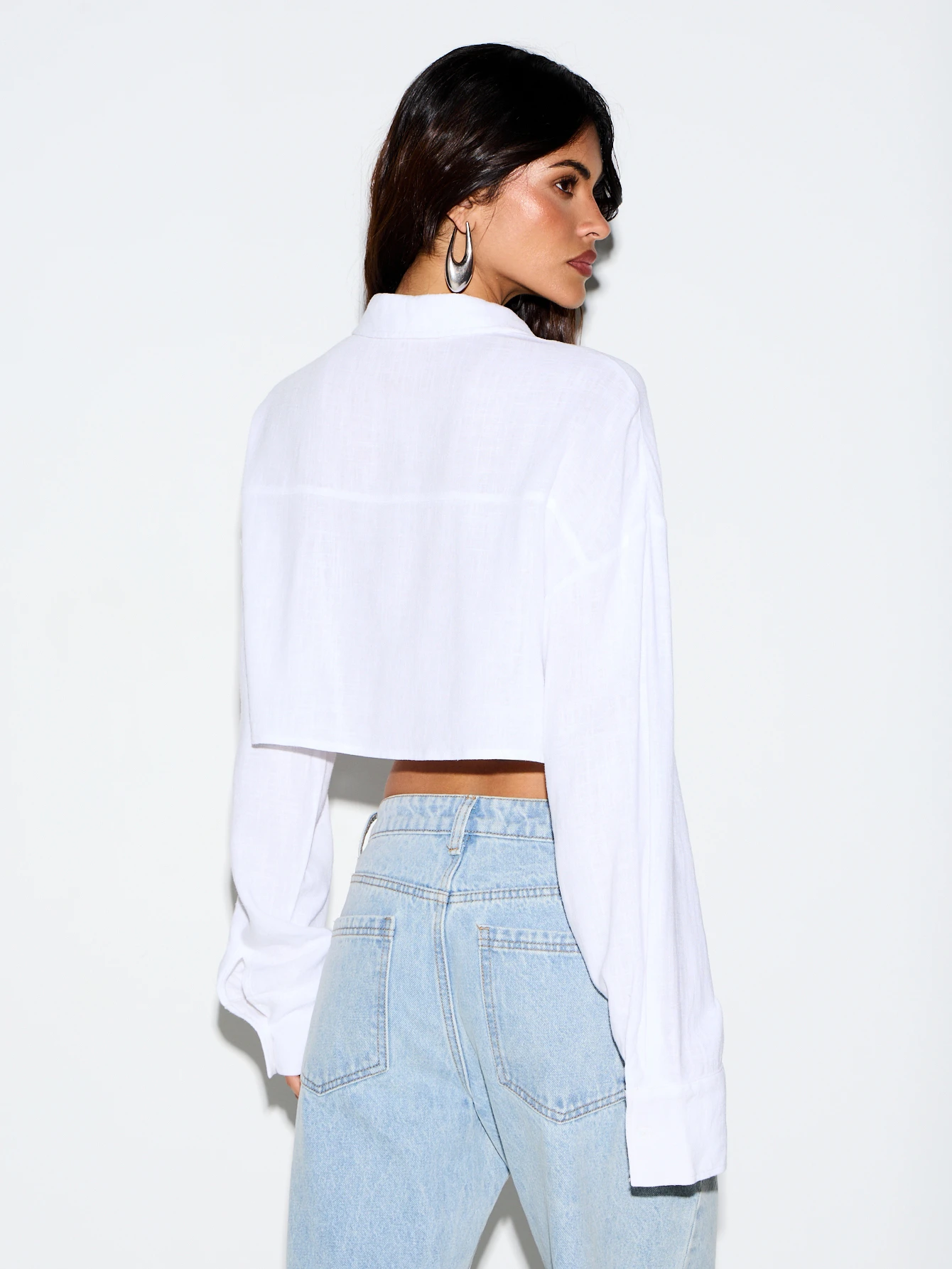Cropped Linen Shirt With Chest Pocket And Point Collar